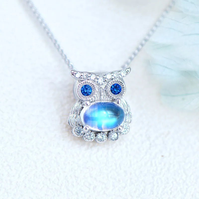 Owl Shaped Sterling Silver Blue Moonstone Pendant Necklace For Women