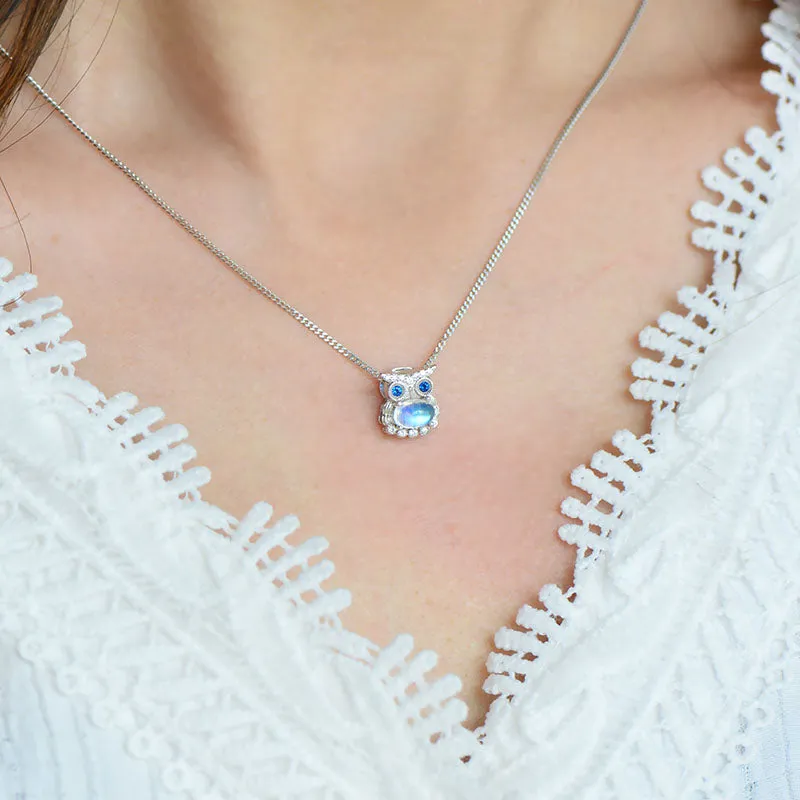 Owl Shaped Sterling Silver Blue Moonstone Pendant Necklace For Women