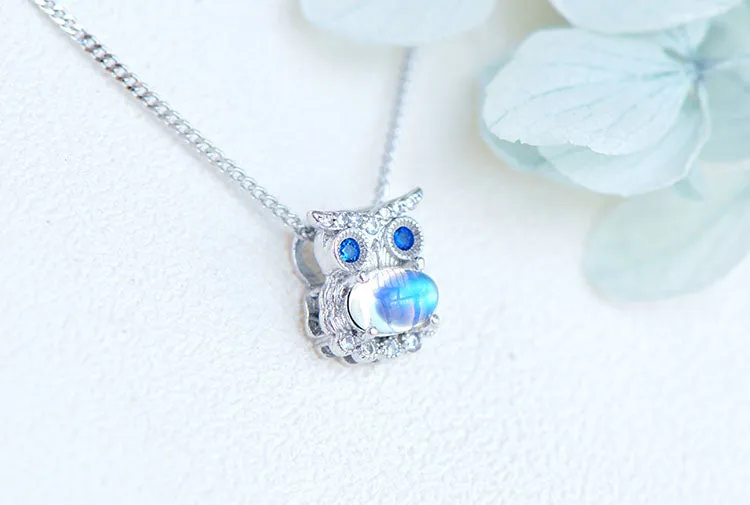 Owl Shaped Sterling Silver Blue Moonstone Pendant Necklace For Women