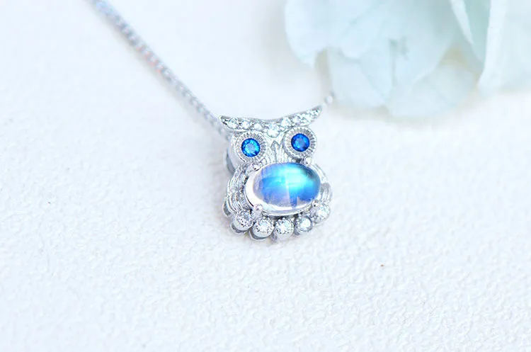 Owl Shaped Sterling Silver Blue Moonstone Pendant Necklace For Women
