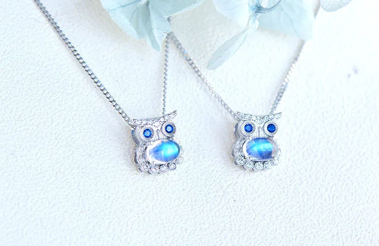 Owl Shaped Sterling Silver Blue Moonstone Pendant Necklace For Women