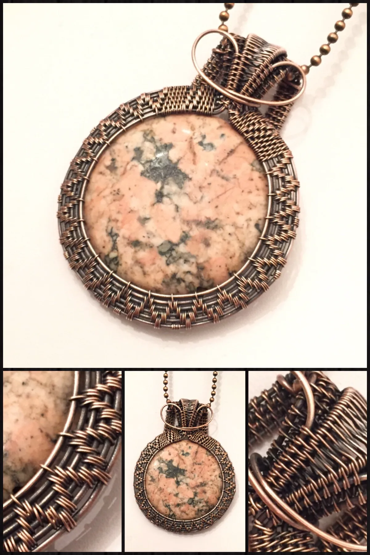 Oxidized Copper Wire Woven Marble Pendant