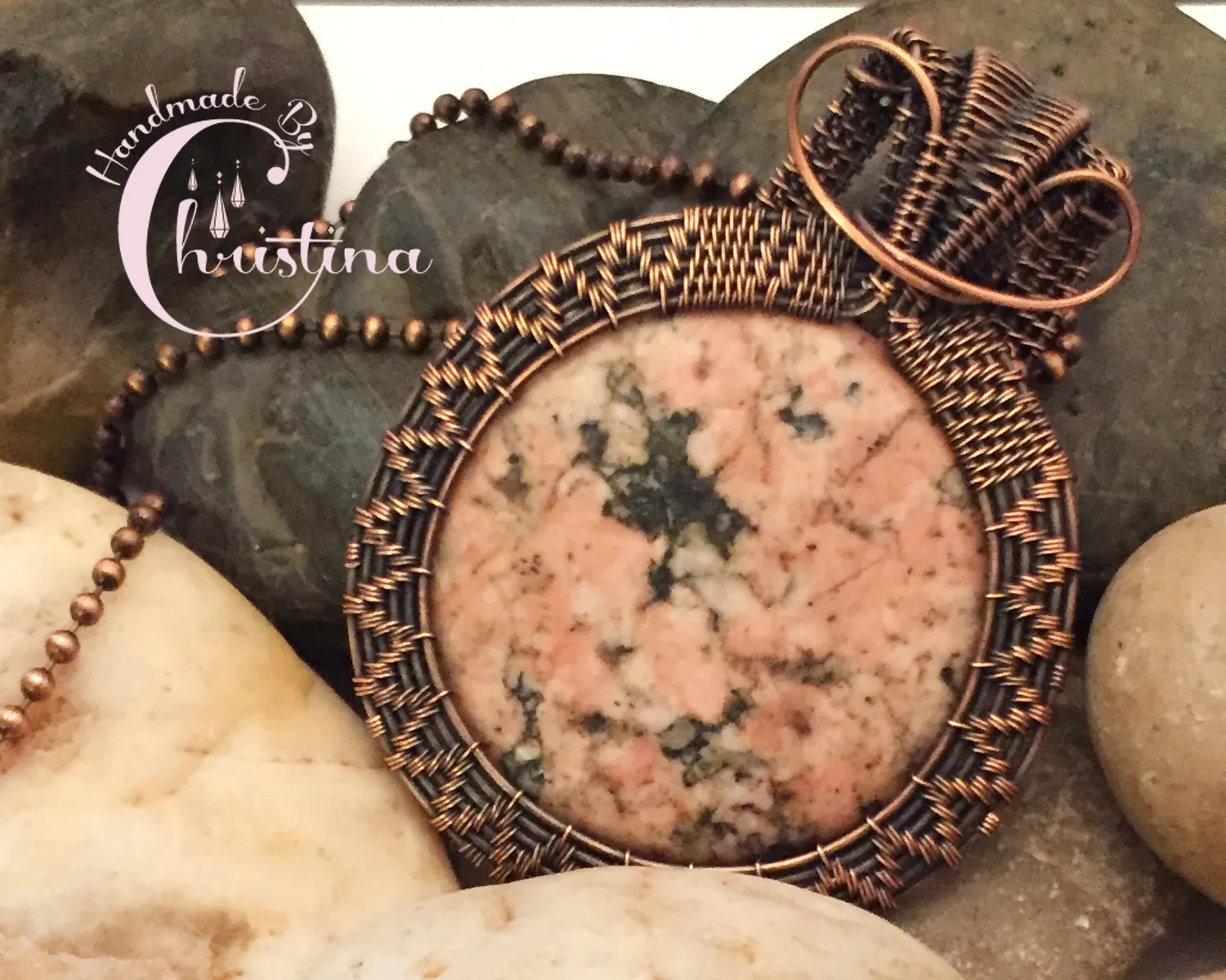 Oxidized Copper Wire Woven Marble Pendant