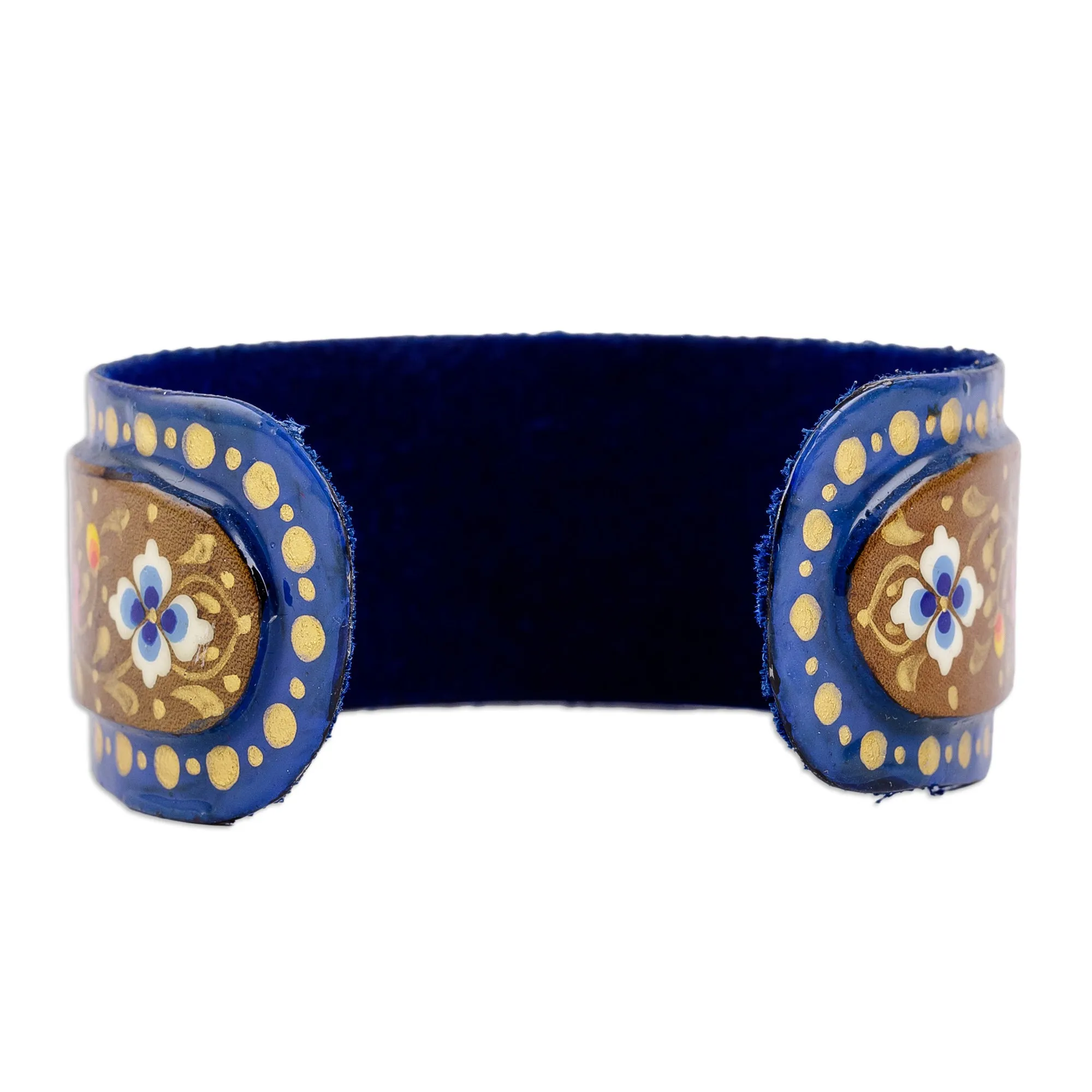 Painted Floral Adjustable Blue and Golden Tin Cuff Bracelet - Goddess of Palaces | NOVICA