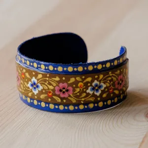 Painted Floral Adjustable Blue and Golden Tin Cuff Bracelet - Goddess of Palaces | NOVICA