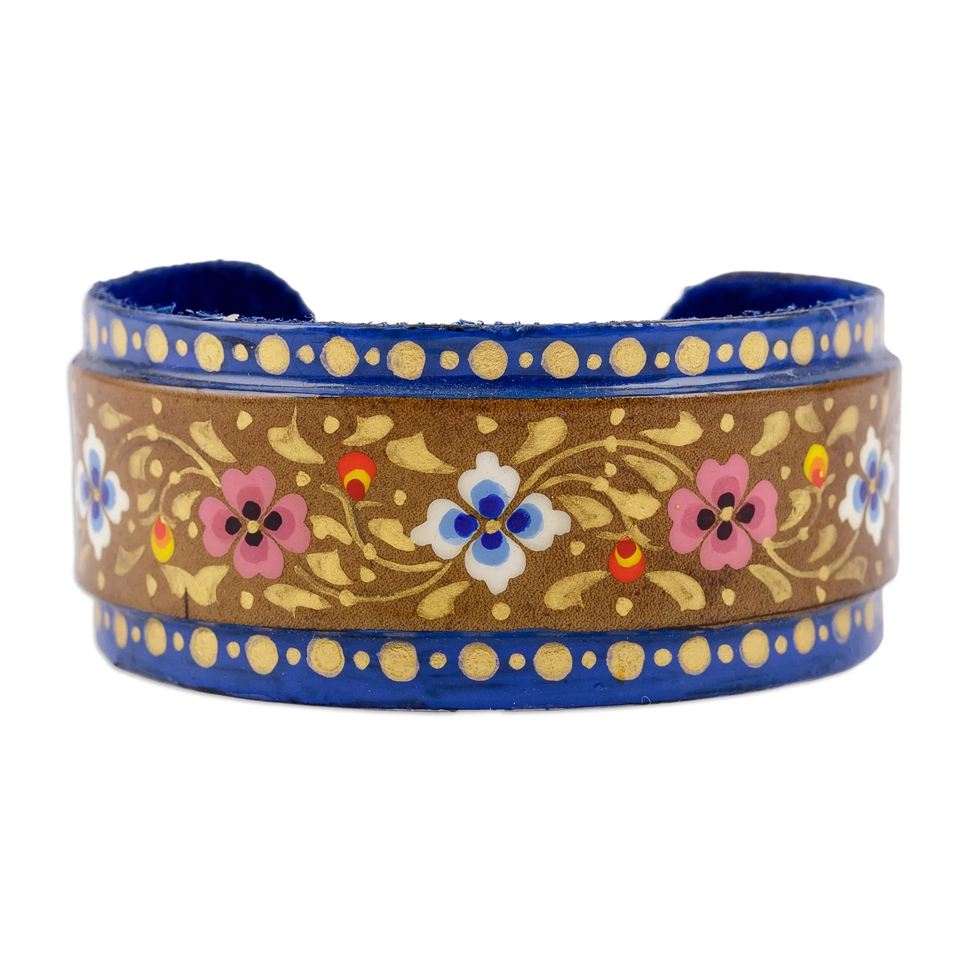 Painted Floral Adjustable Blue and Golden Tin Cuff Bracelet - Goddess of Palaces | NOVICA