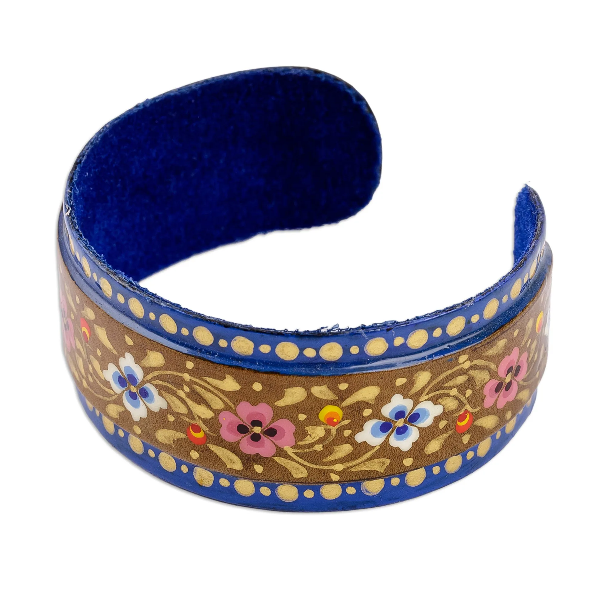 Painted Floral Adjustable Blue and Golden Tin Cuff Bracelet - Goddess of Palaces | NOVICA