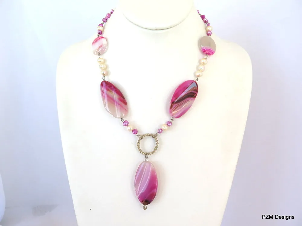 Pink Agate and pearl gemstone statement necklace, Rustic bridal pearl necklace