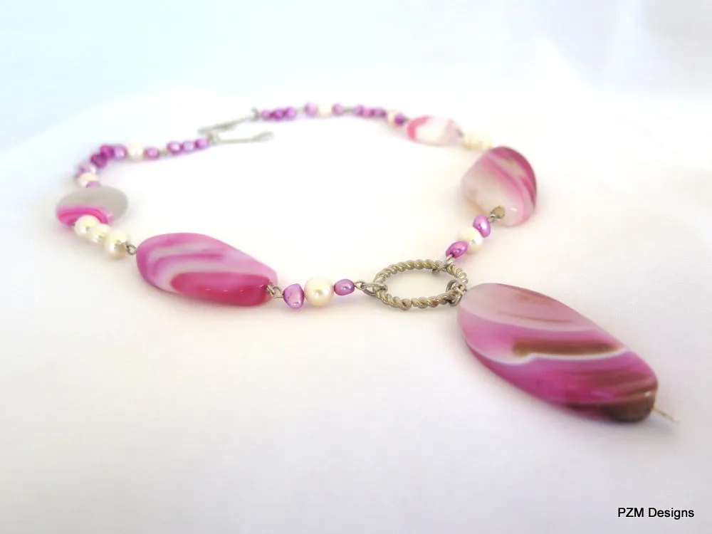 Pink Agate and pearl gemstone statement necklace, Rustic bridal pearl necklace