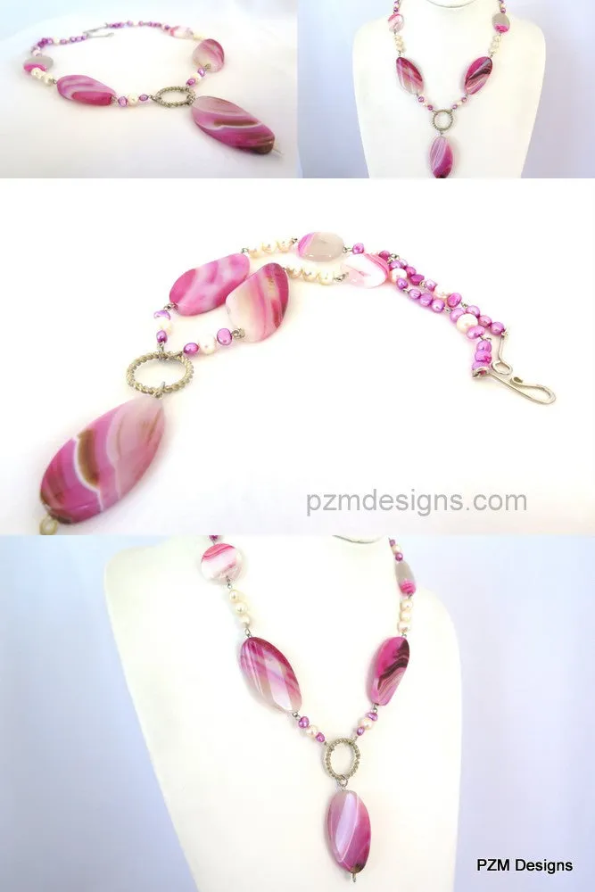 Pink Agate and pearl gemstone statement necklace, Rustic bridal pearl necklace