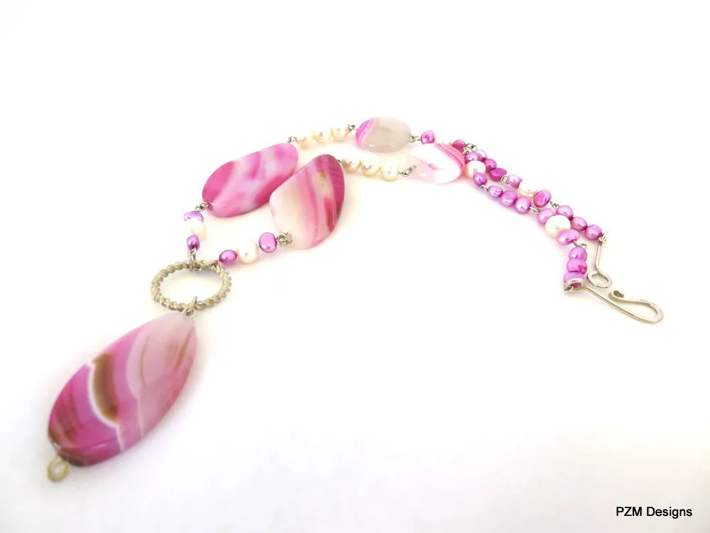 Pink Agate and pearl gemstone statement necklace, Rustic bridal pearl necklace