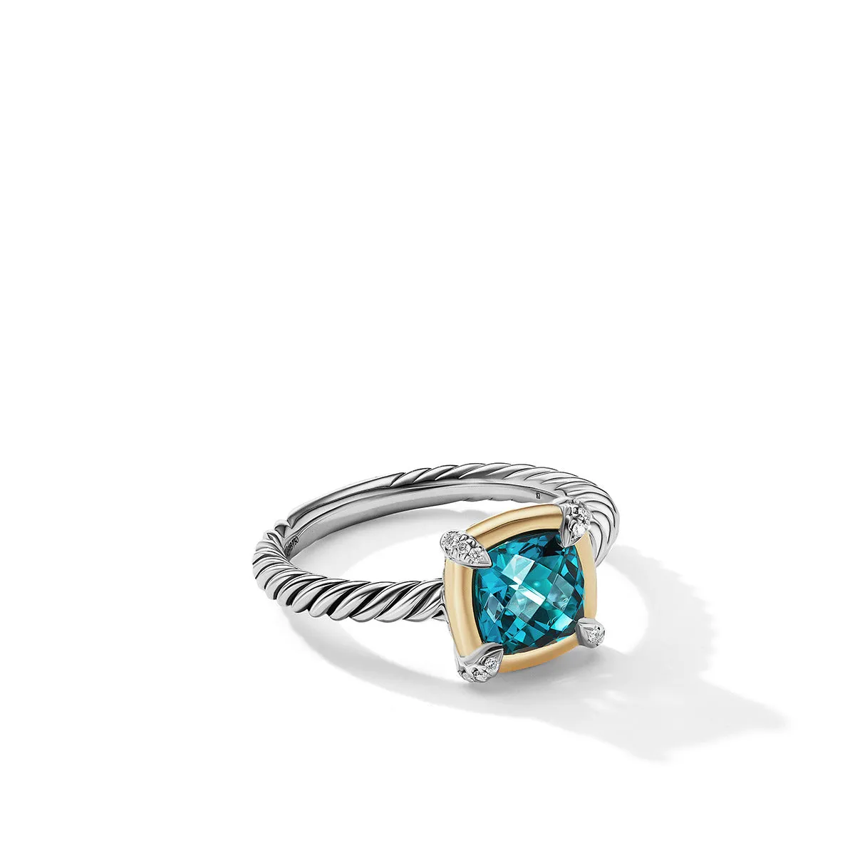 Ring with Hampton Blue Topaz, 18K Yellow Gold Bezel and Pave Diamonds
