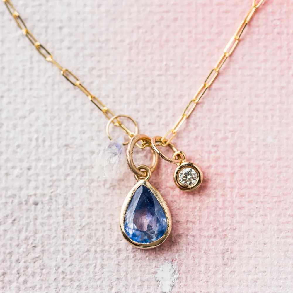 Sapphire Pear Necklace with Moonstone and Diamond in 14k Gold
