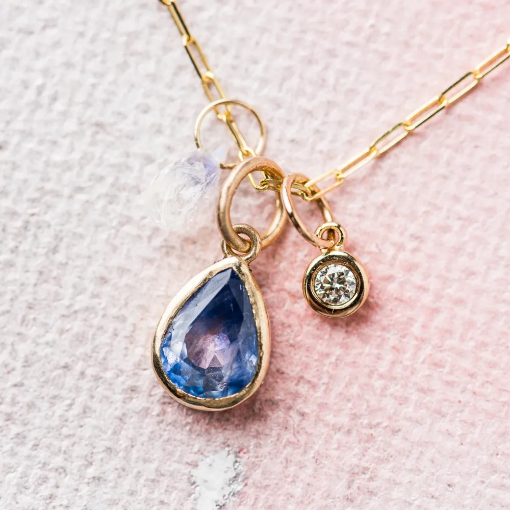 Sapphire Pear Necklace with Moonstone and Diamond in 14k Gold