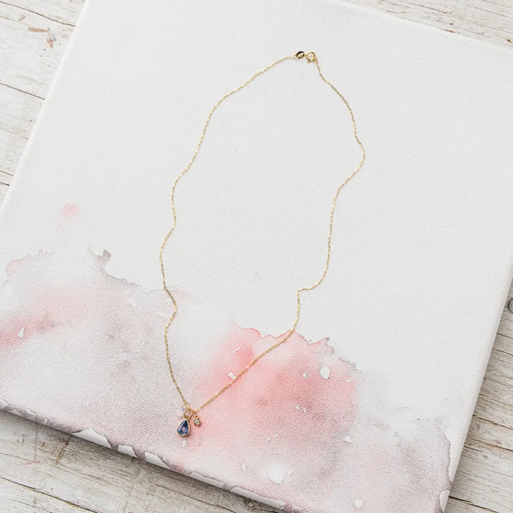 Sapphire Pear Necklace with Moonstone and Diamond in 14k Gold