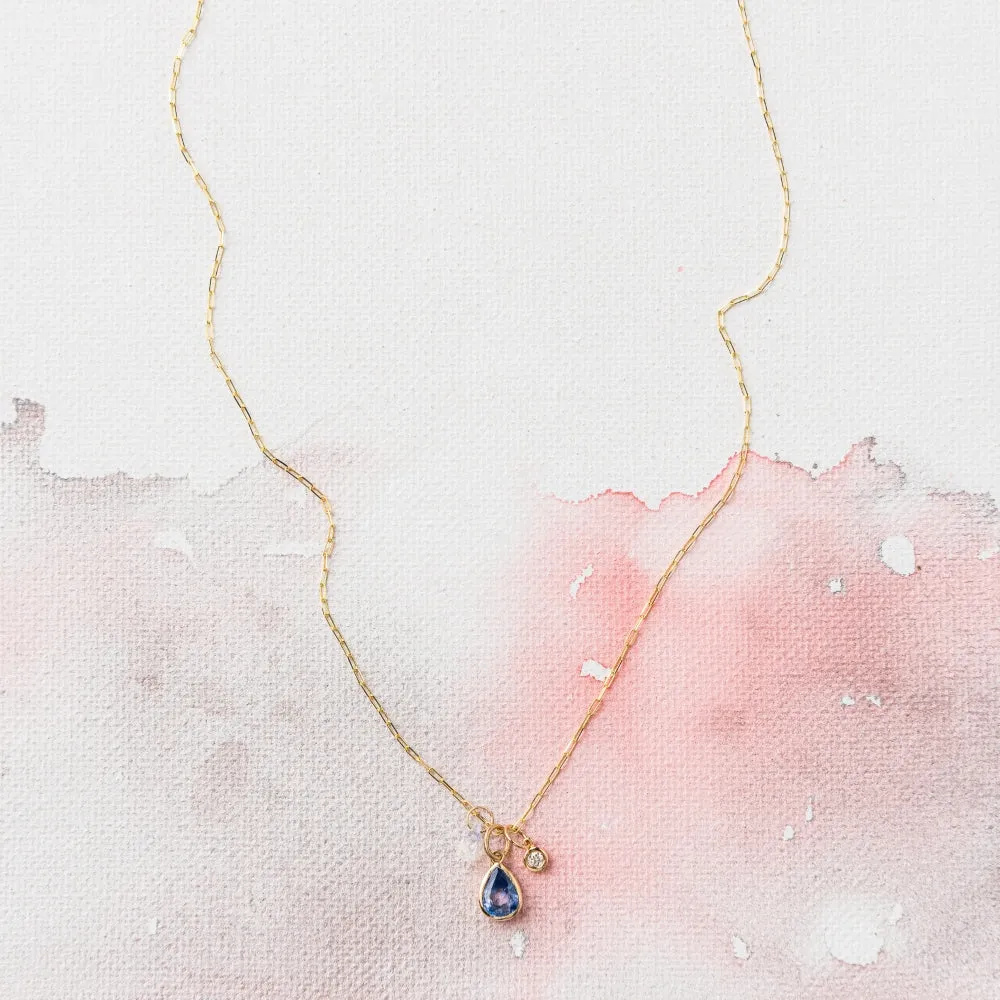 Sapphire Pear Necklace with Moonstone and Diamond in 14k Gold