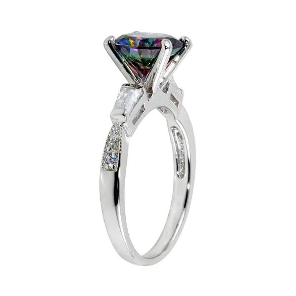 Silver 925 Rhodium Plated Oval Solitaire Synthetic Mystic Topaz Baguette Shank CZ Ring