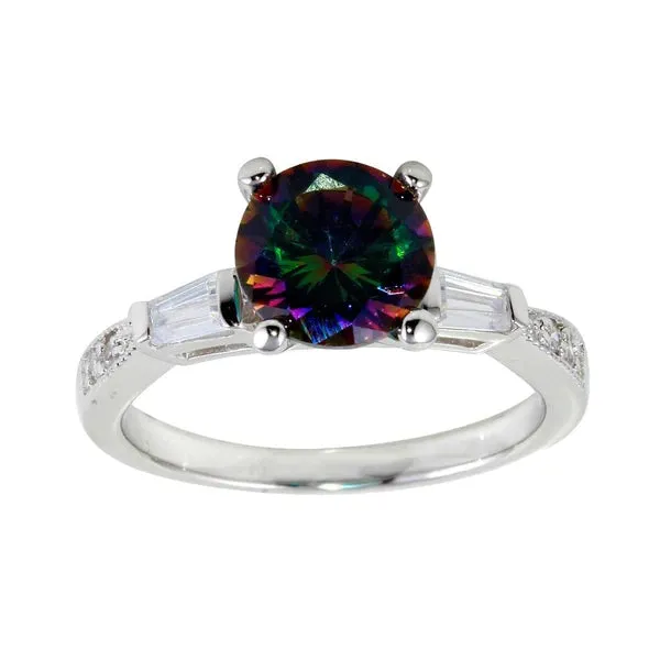 Silver 925 Rhodium Plated Oval Solitaire Synthetic Mystic Topaz Baguette Shank CZ Ring