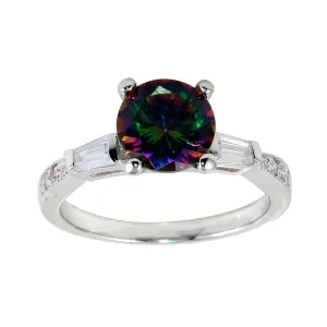 Silver 925 Rhodium Plated Oval Solitaire Synthetic Mystic Topaz Baguette Shank CZ Ring