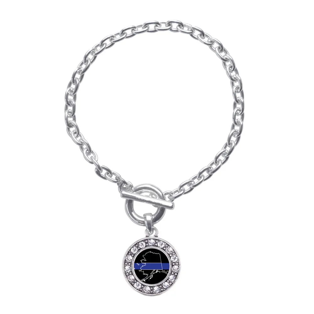 Silver Alaska Thin Blue Line Circle Charm Toggle Bracelet