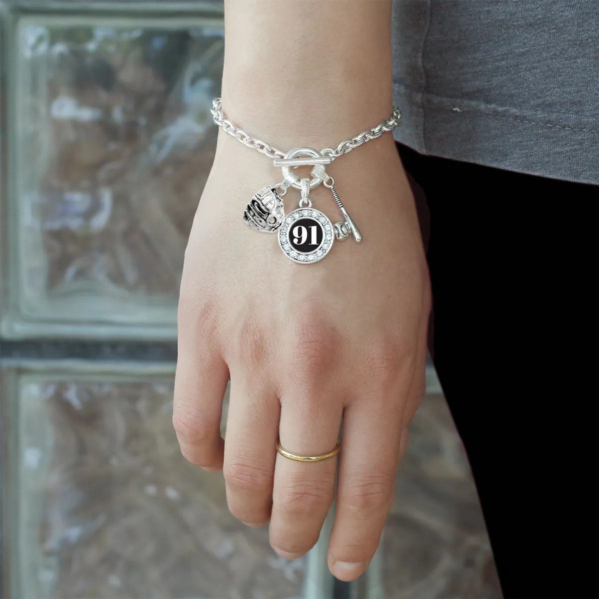 Silver Baseball/Softball - Sports Number 91 Circle Charm Toggle Bracelet