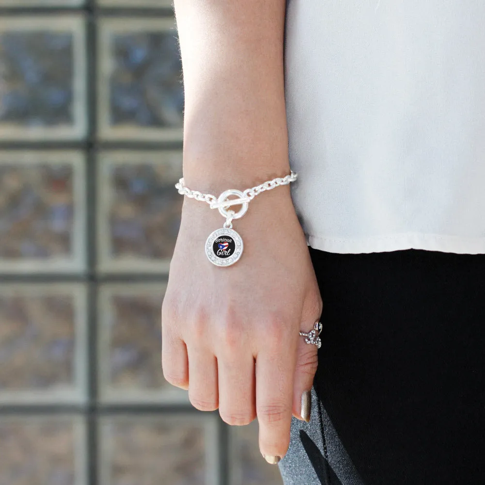 Silver Boricua Girl Circle Charm Toggle Bracelet