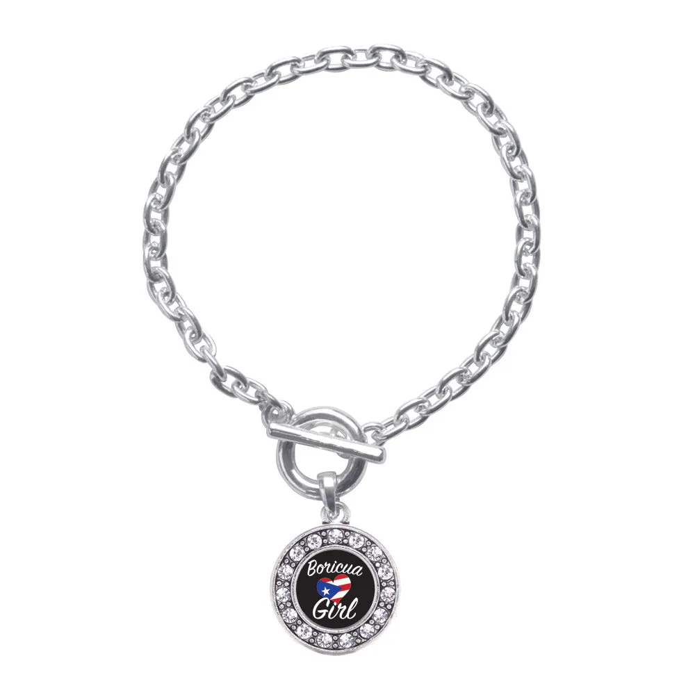 Silver Boricua Girl Circle Charm Toggle Bracelet