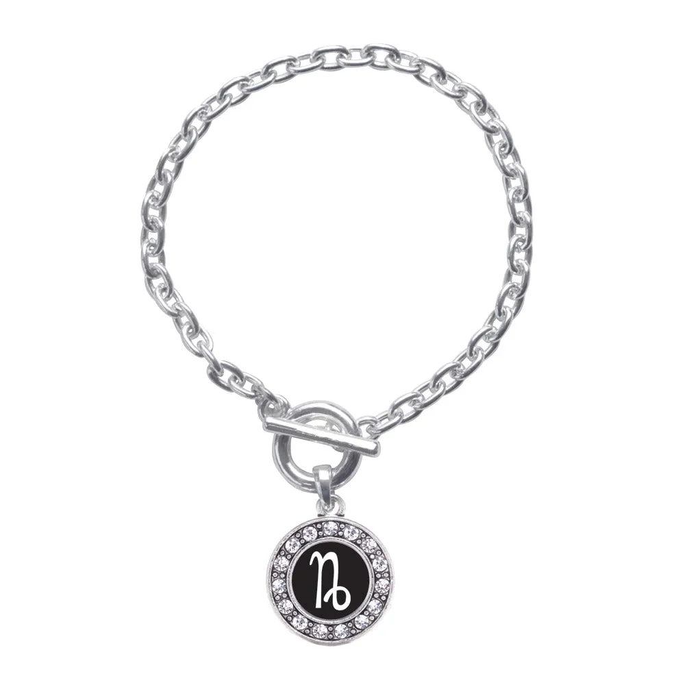 Silver Capricorn Zodiac Circle Charm Toggle Bracelet