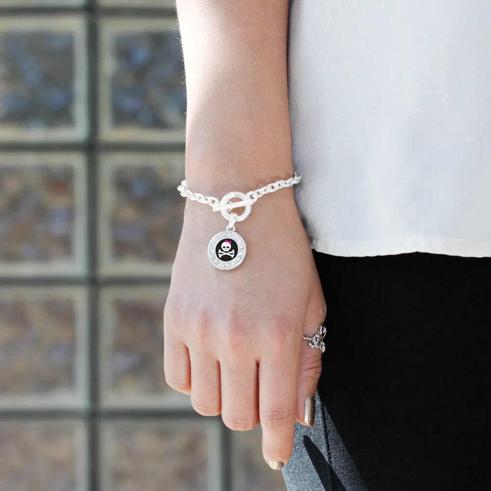 Silver Cute Skull And Crossbones Circle Charm Toggle Bracelet