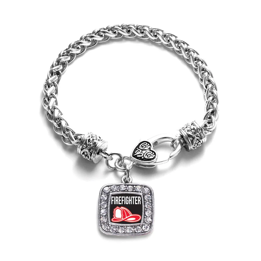 Silver Firefighter Square Charm Braided Bracelet