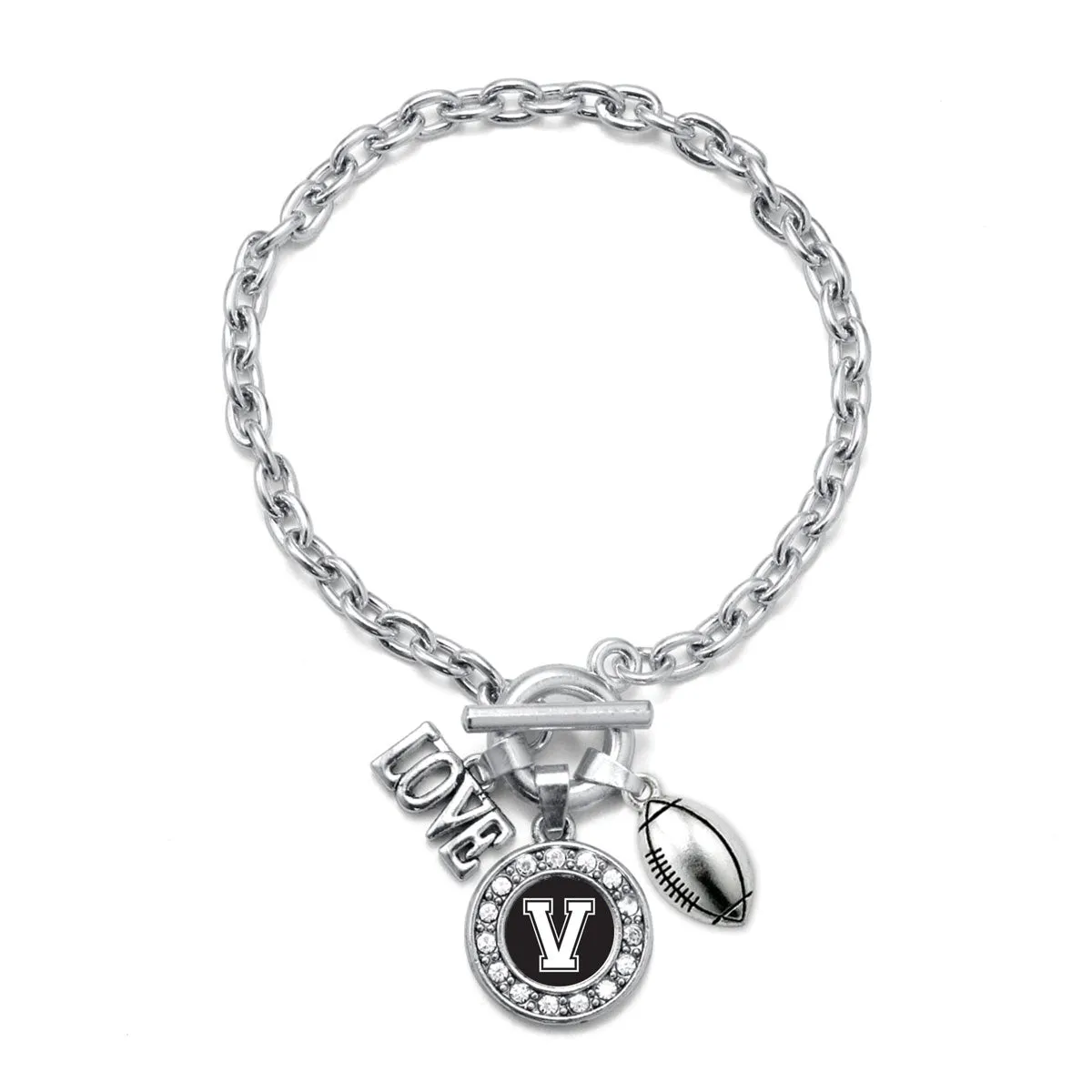 Silver Football - Sports Initial V Circle Charm Toggle Bracelet