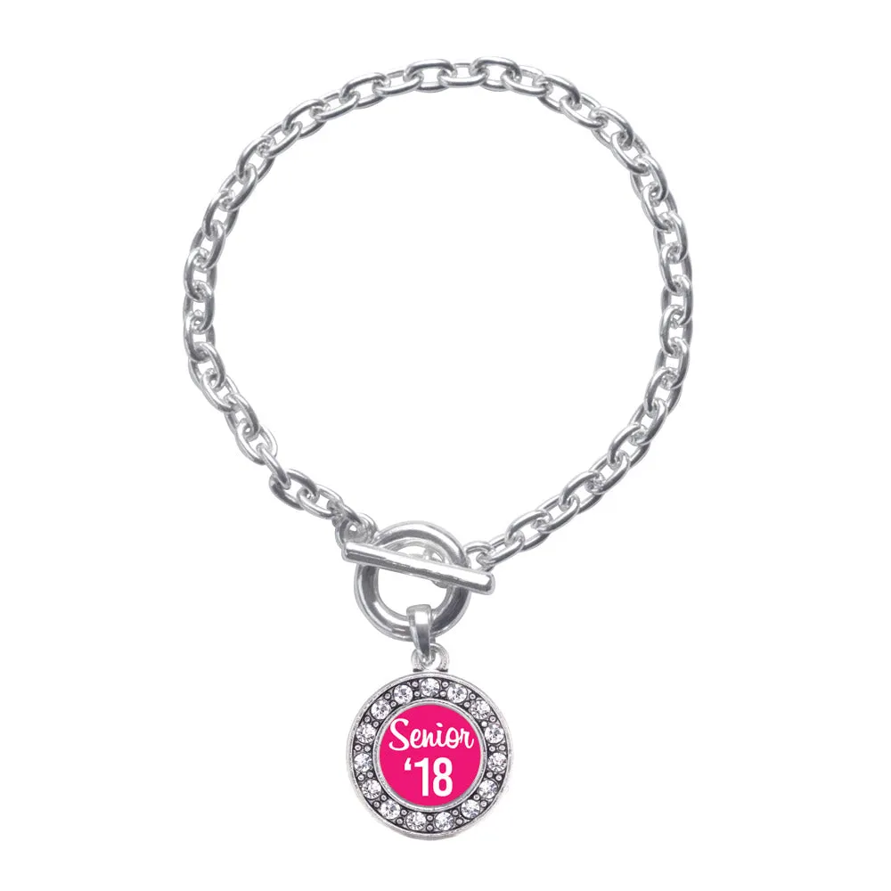 Silver Fuchsia Senior '18 Circle Charm Toggle Bracelet