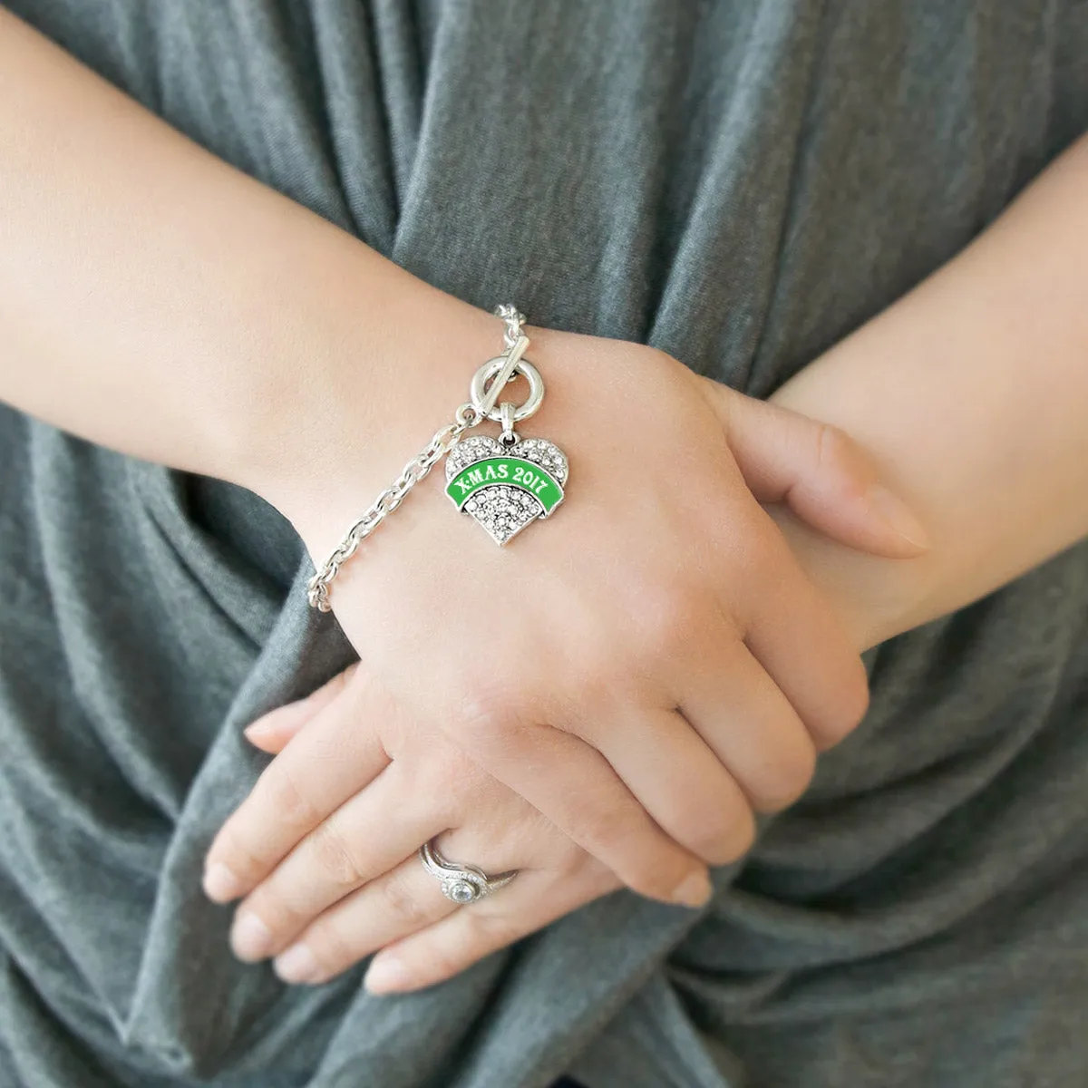 Silver Green X-mas 2017 Pave Heart Charm Toggle Bracelet