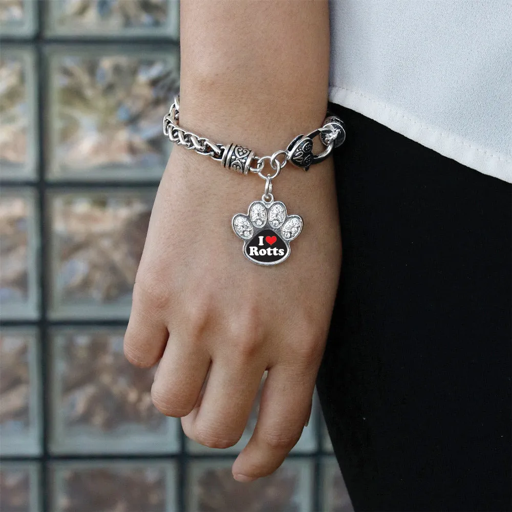 Silver I Love Rotts Pave Paw Charm Braided Bracelet