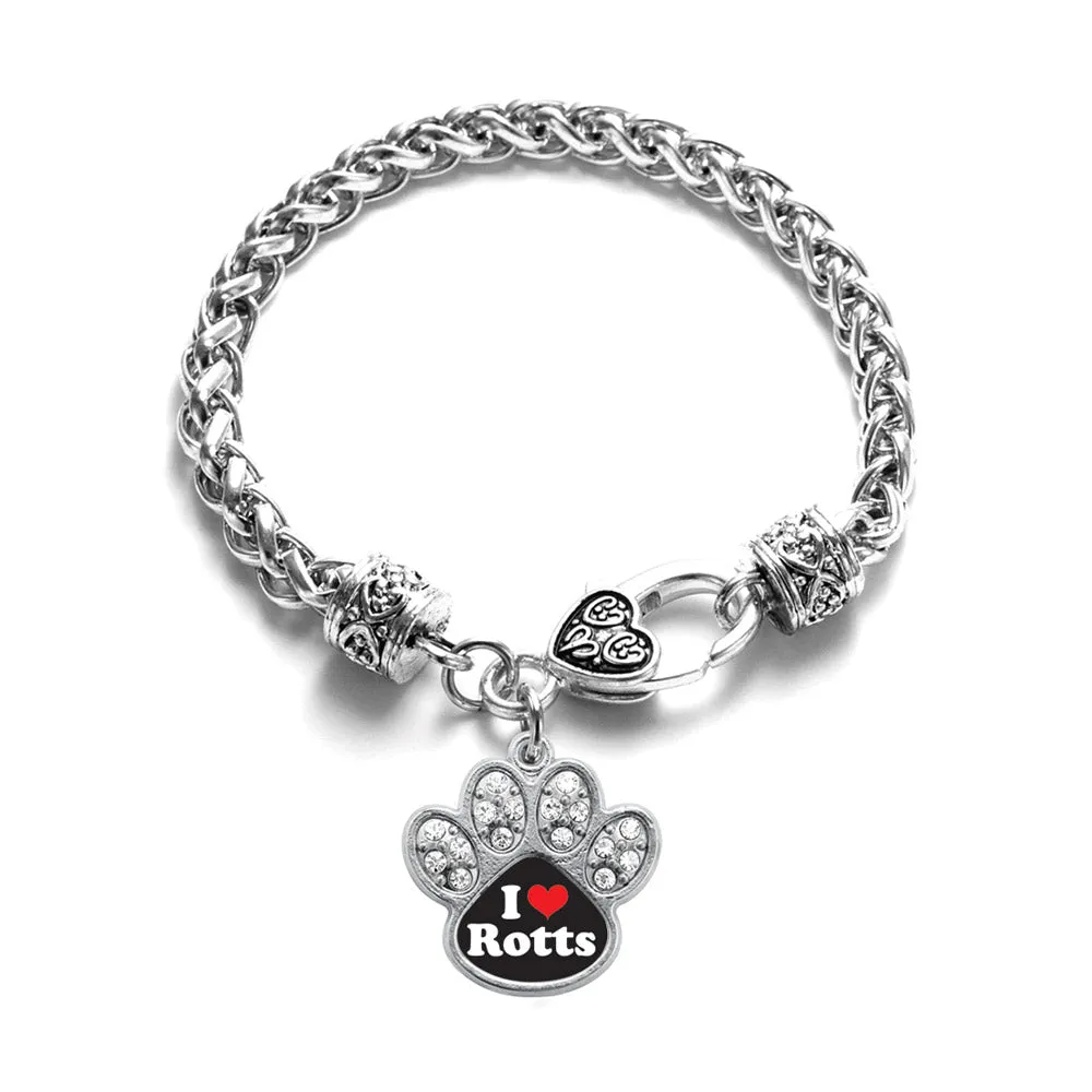 Silver I Love Rotts Pave Paw Charm Braided Bracelet