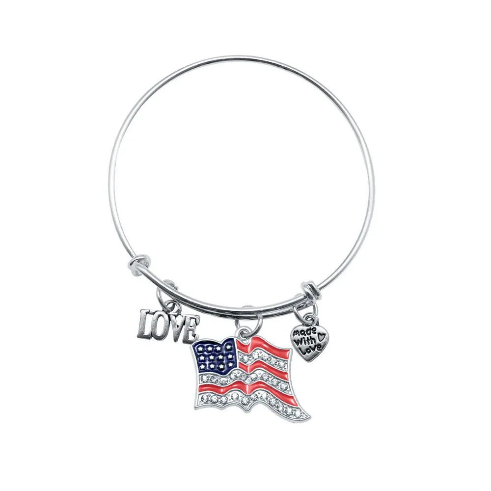 Silver Love American Flag Charm Wire Bangle Bracelet