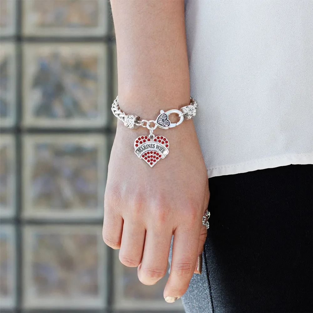 Silver Marines Wife Red Pave Heart Charm Braided Bracelet