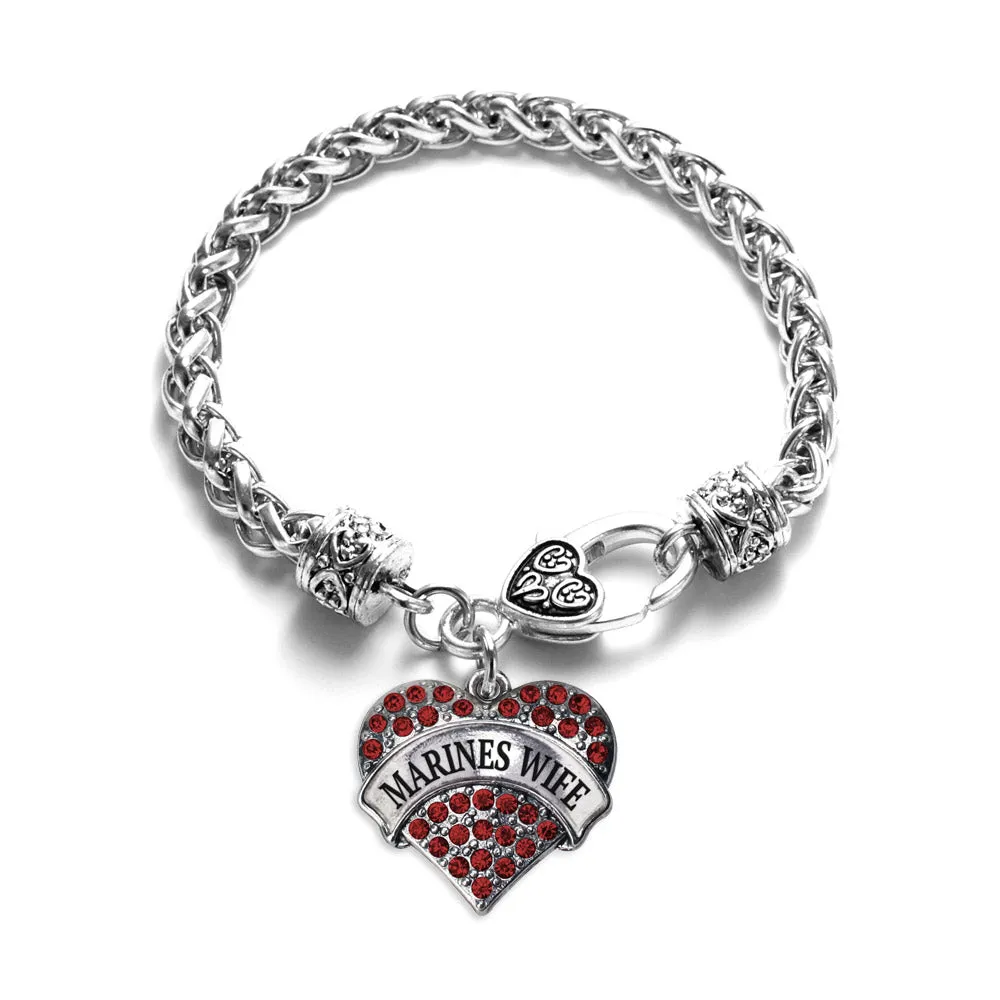 Silver Marines Wife Red Pave Heart Charm Braided Bracelet