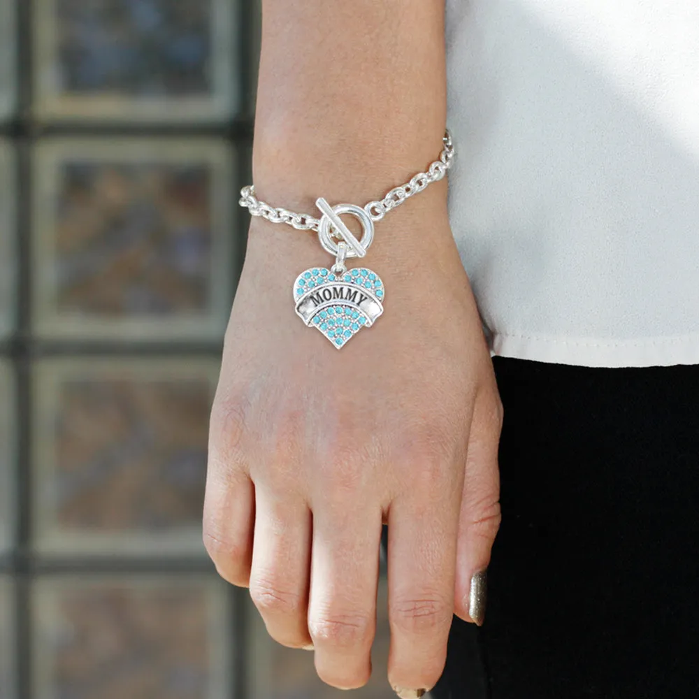 Silver Mommy Aqua Aqua Pave Heart Charm Toggle Bracelet