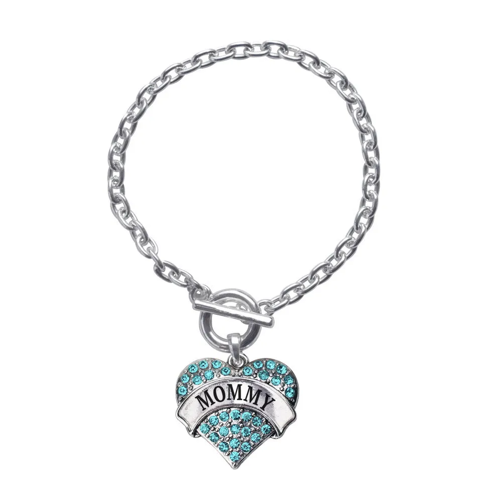 Silver Mommy Aqua Aqua Pave Heart Charm Toggle Bracelet