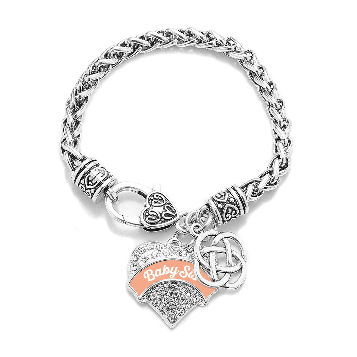 Silver Peach Baby Sis Celtic Knot Pave Heart Charm Braided Bracelet