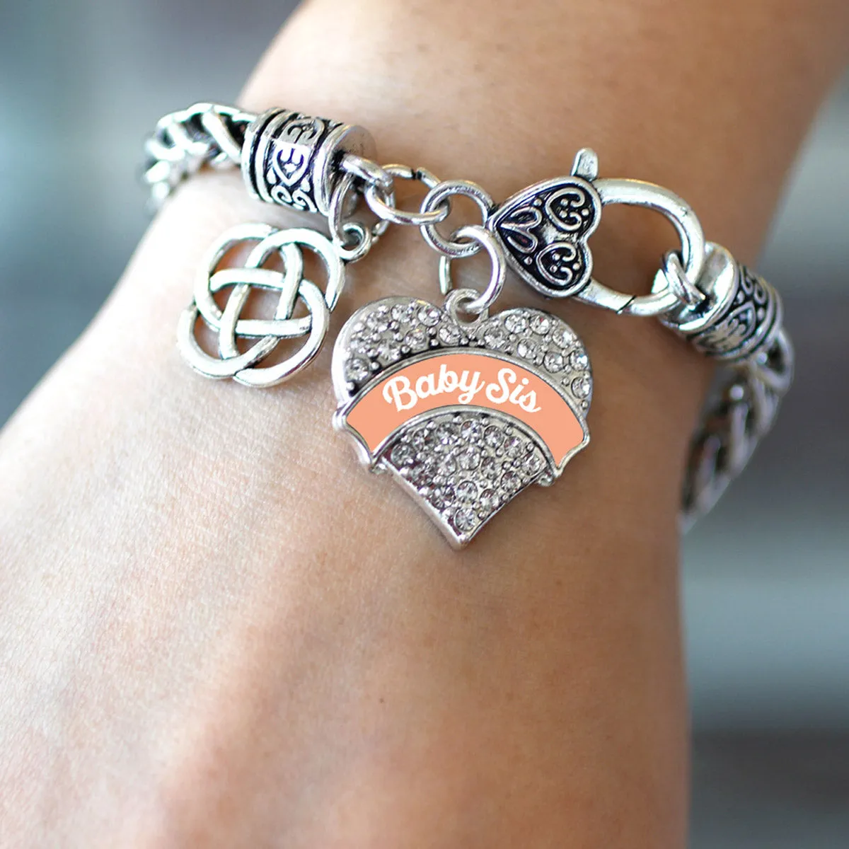 Silver Peach Baby Sis Celtic Knot Pave Heart Charm Braided Bracelet