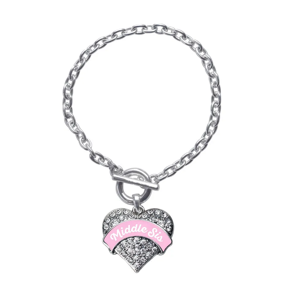 Silver Pink Middle Sister Pave Heart Charm Toggle Bracelet