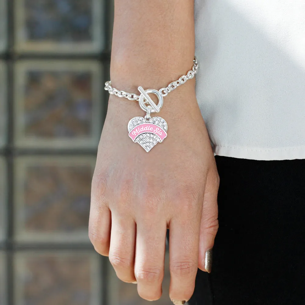 Silver Pink Middle Sister Pave Heart Charm Toggle Bracelet