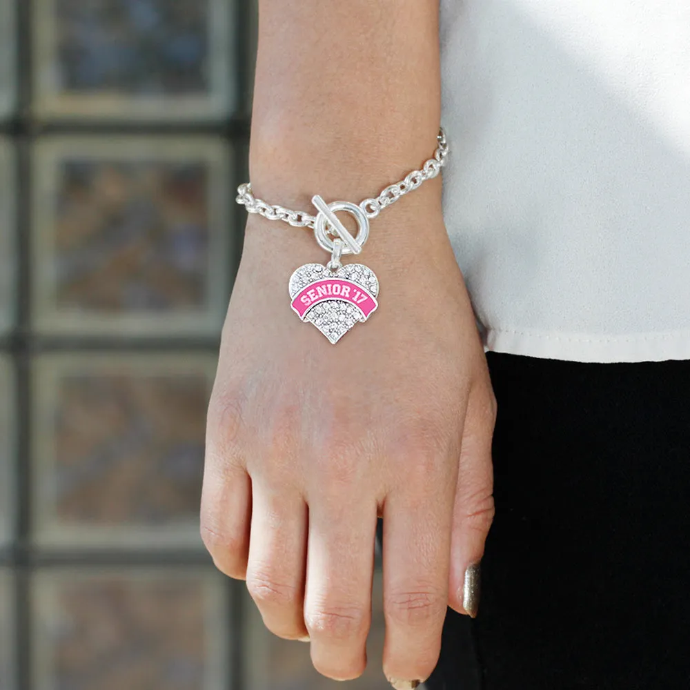Silver Pink Senior 2017 Pave Heart Charm Toggle Bracelet