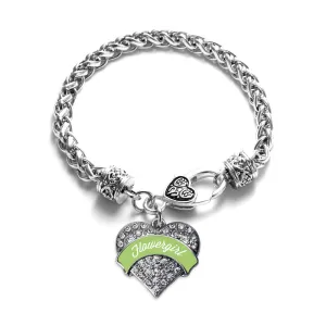 Silver Sage Green Flower Girl Pave Heart Charm Braided Bracelet