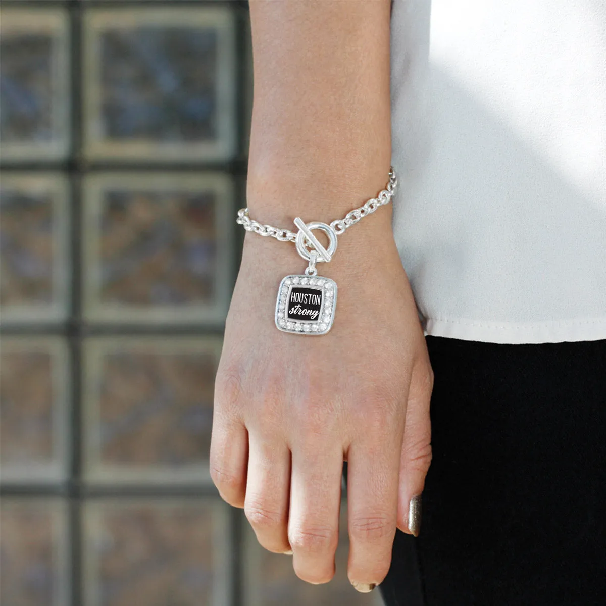 Silver Script Houston Strong Square Charm Toggle Bracelet