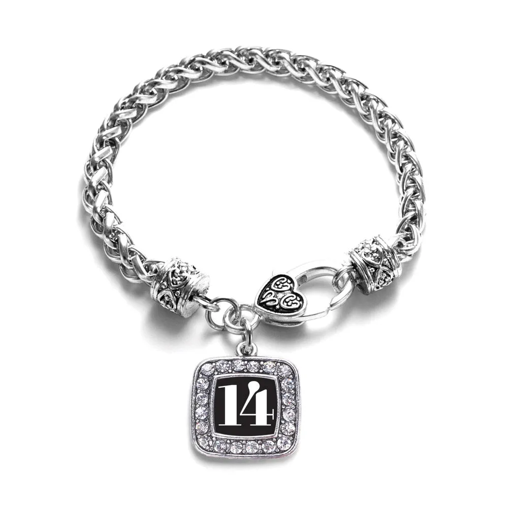 Silver Sport Number 14 Square Charm Braided Bracelet