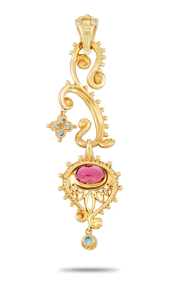 Special Order.Peacock Pendant- Diamond, Pink Garnet, Blue Topaz & Apatite