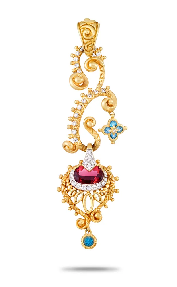 Special Order.Peacock Pendant- Diamond, Pink Garnet, Blue Topaz & Apatite